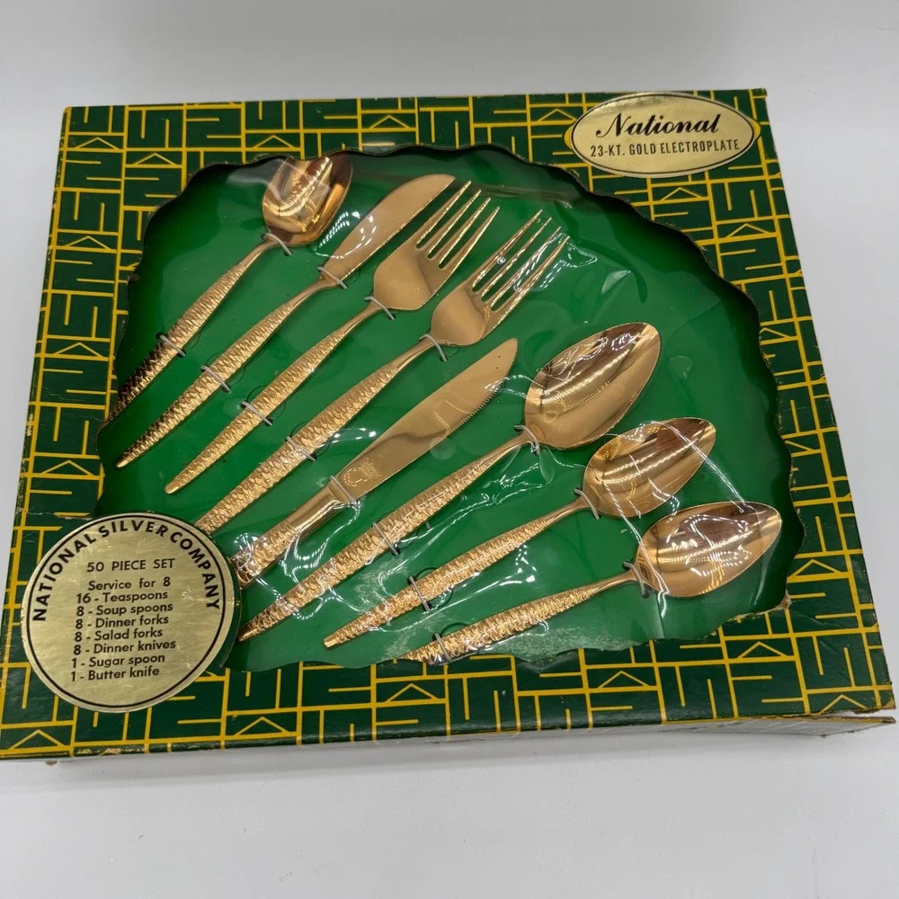 Vintage National Silver Co 23K Gold Electroplate Flatware Set 50 Pc Service 8